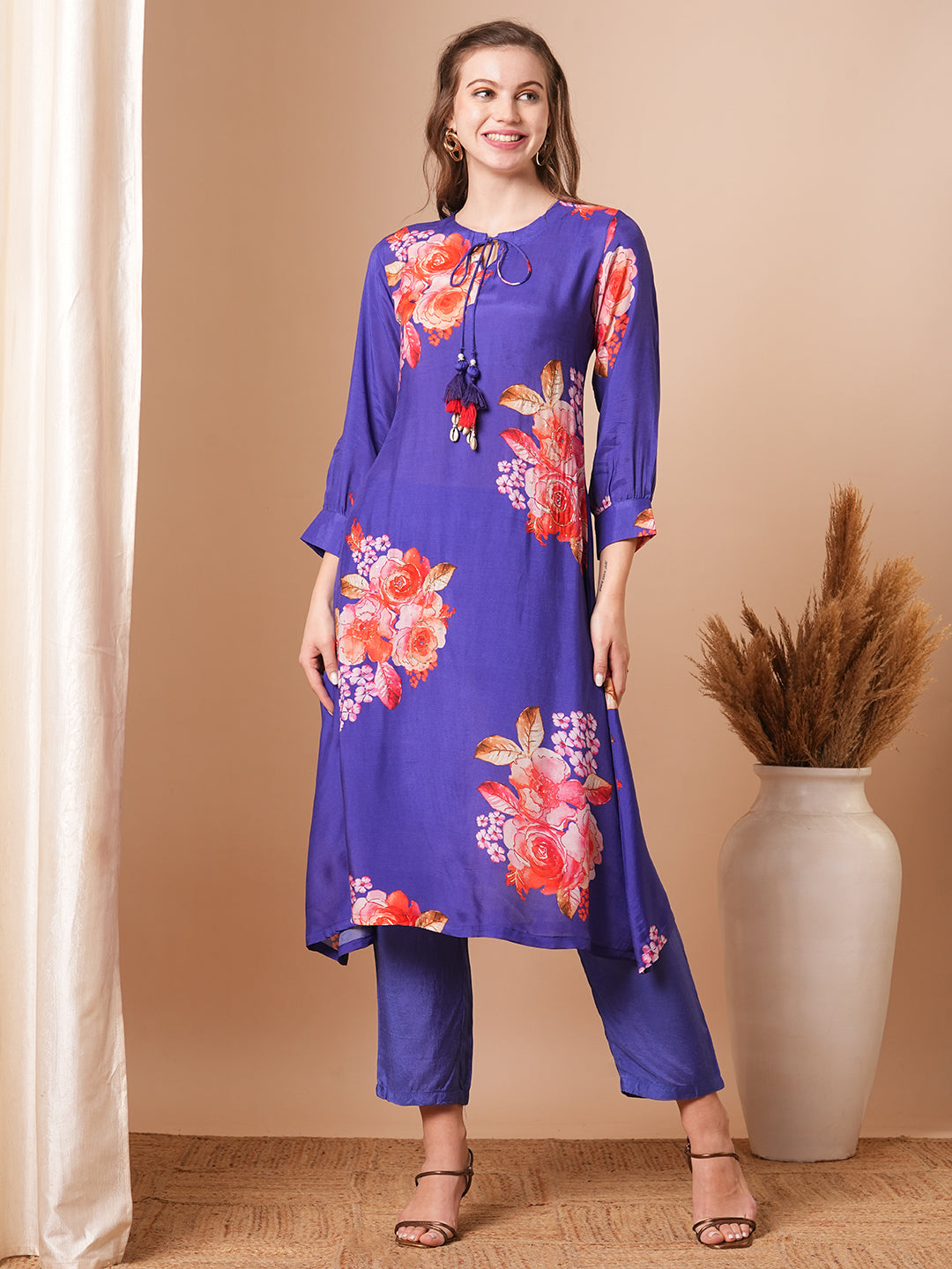 Abstract Floral Printed & Hand Embroidered A-Line Kurta with Pant - Blue