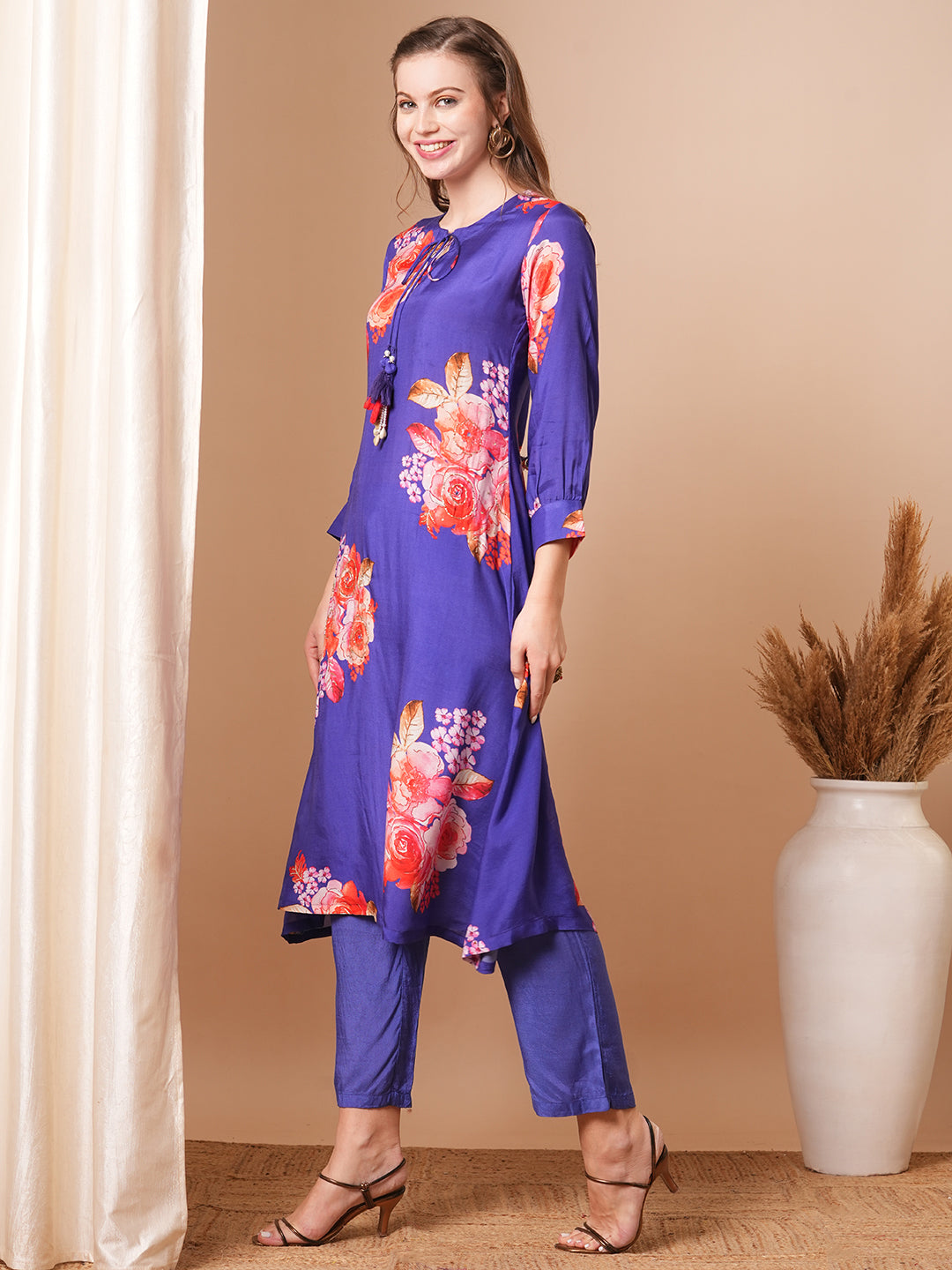 Abstract Floral Printed & Hand Embroidered A-Line Kurta with Pant - Blue