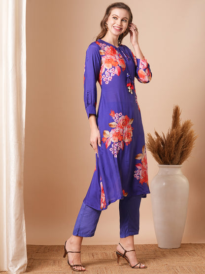 Abstract Floral Printed & Hand Embroidered A-Line Kurta with Pant - Blue