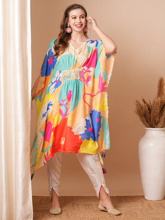 Abstract Floral Printed Embroidered Kaftan Kurta with Dhoti Pant - Multi