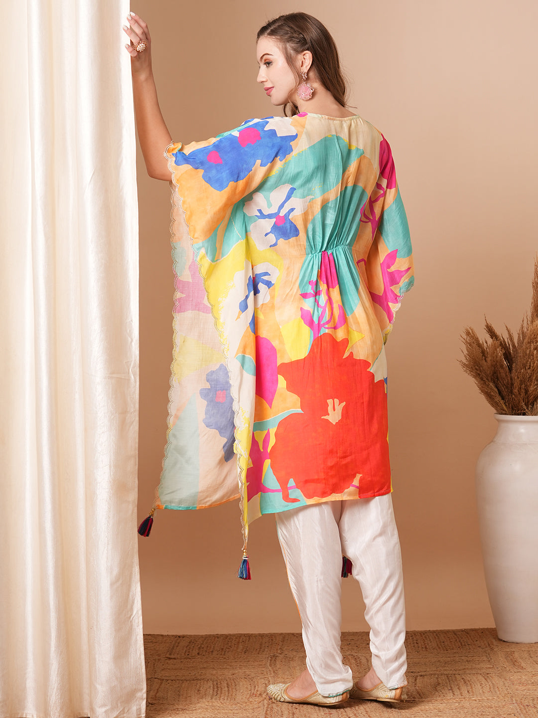 Abstract Floral Printed Embroidered Kaftan Kurta with Dhoti Pant - Multi