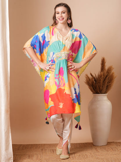 Abstract Floral Printed Embroidered Kaftan Kurta with Dhoti Pant - Multi