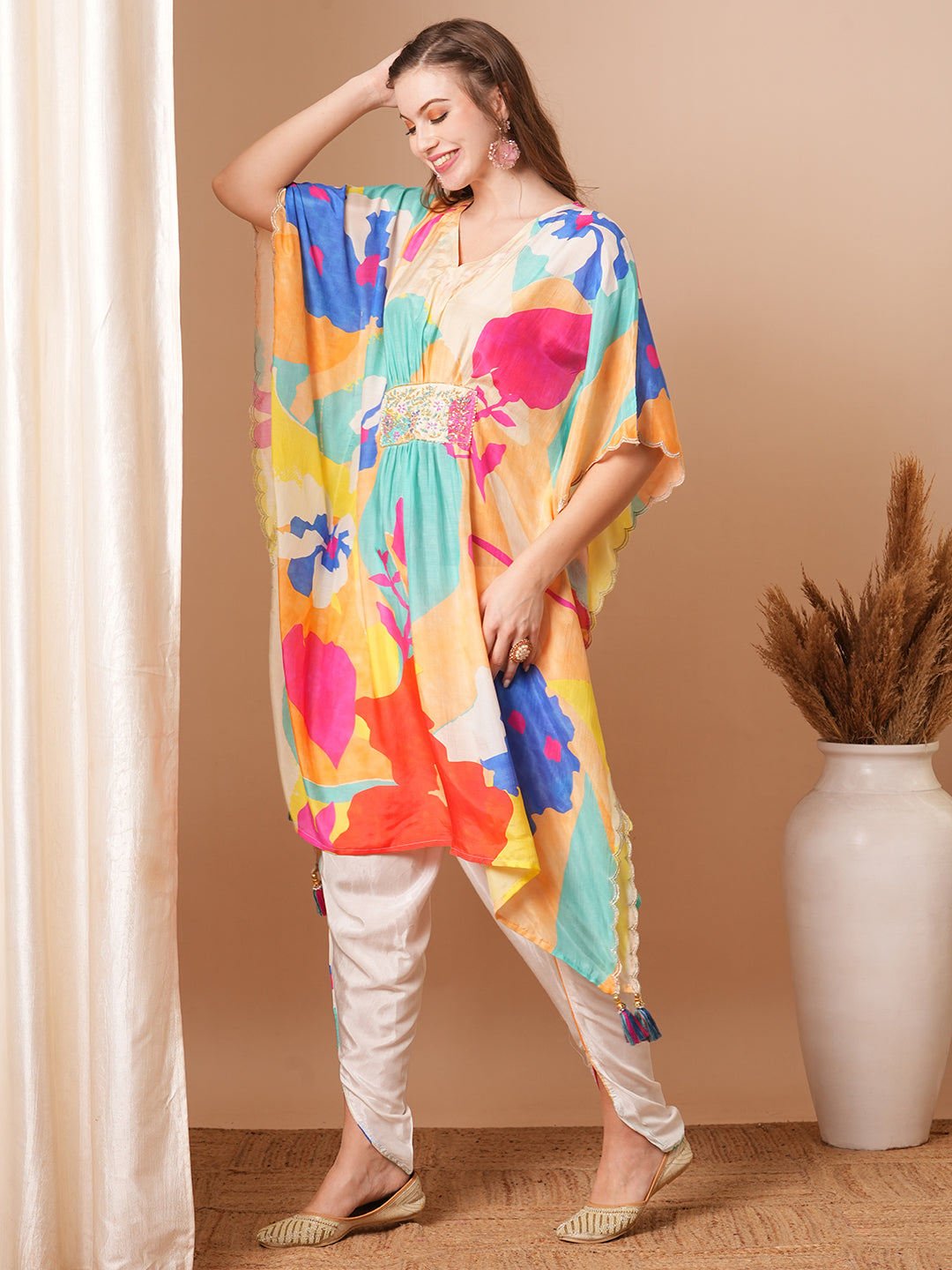 Abstract Floral Printed Embroidered Kaftan Kurta with Dhoti Pant - Multi