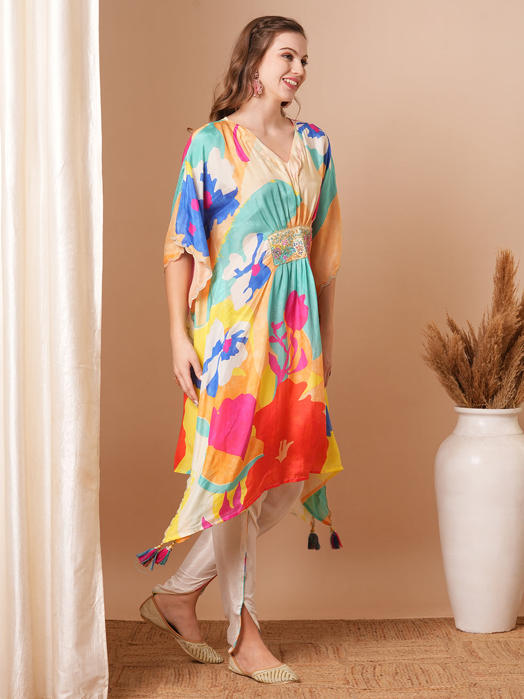 Abstract Floral Printed Embroidered Kaftan Kurta with Dhoti Pant - Multi