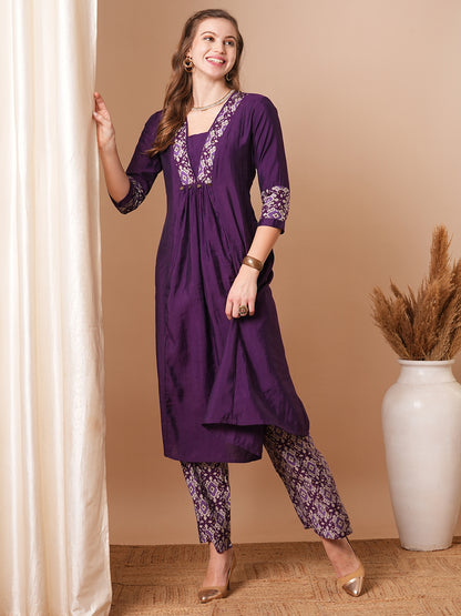 Solid Ethnic Printed A-Line Pleated Kurta with Palazzo - Purple