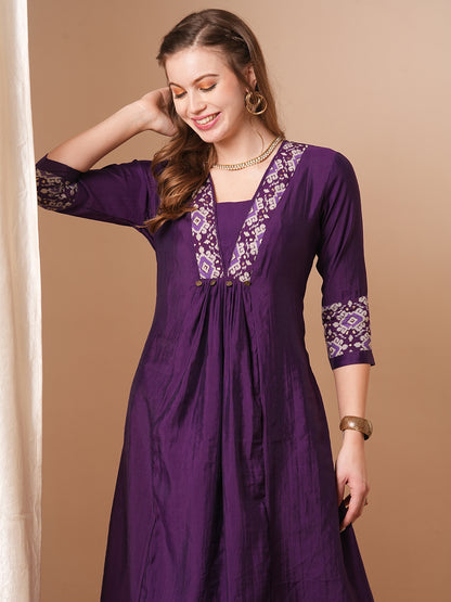 Solid Ethnic Printed A-Line Pleated Kurta with Palazzo - Purple