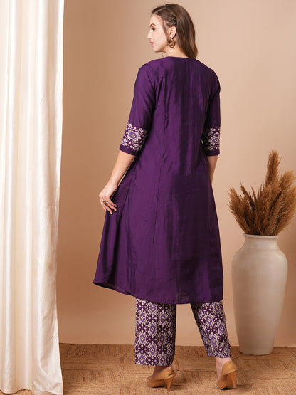 Solid Ethnic Printed A-Line Pleated Kurta with Palazzo - Purple