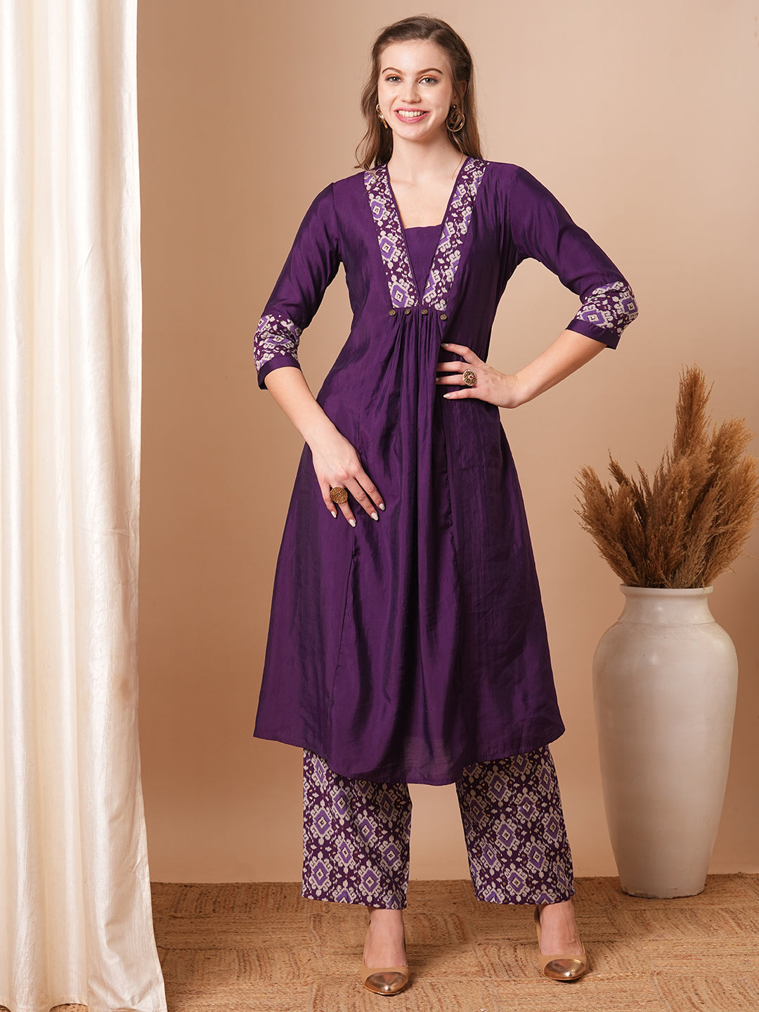 Solid Ethnic Printed A-Line Pleated Kurta with Palazzo - Purple