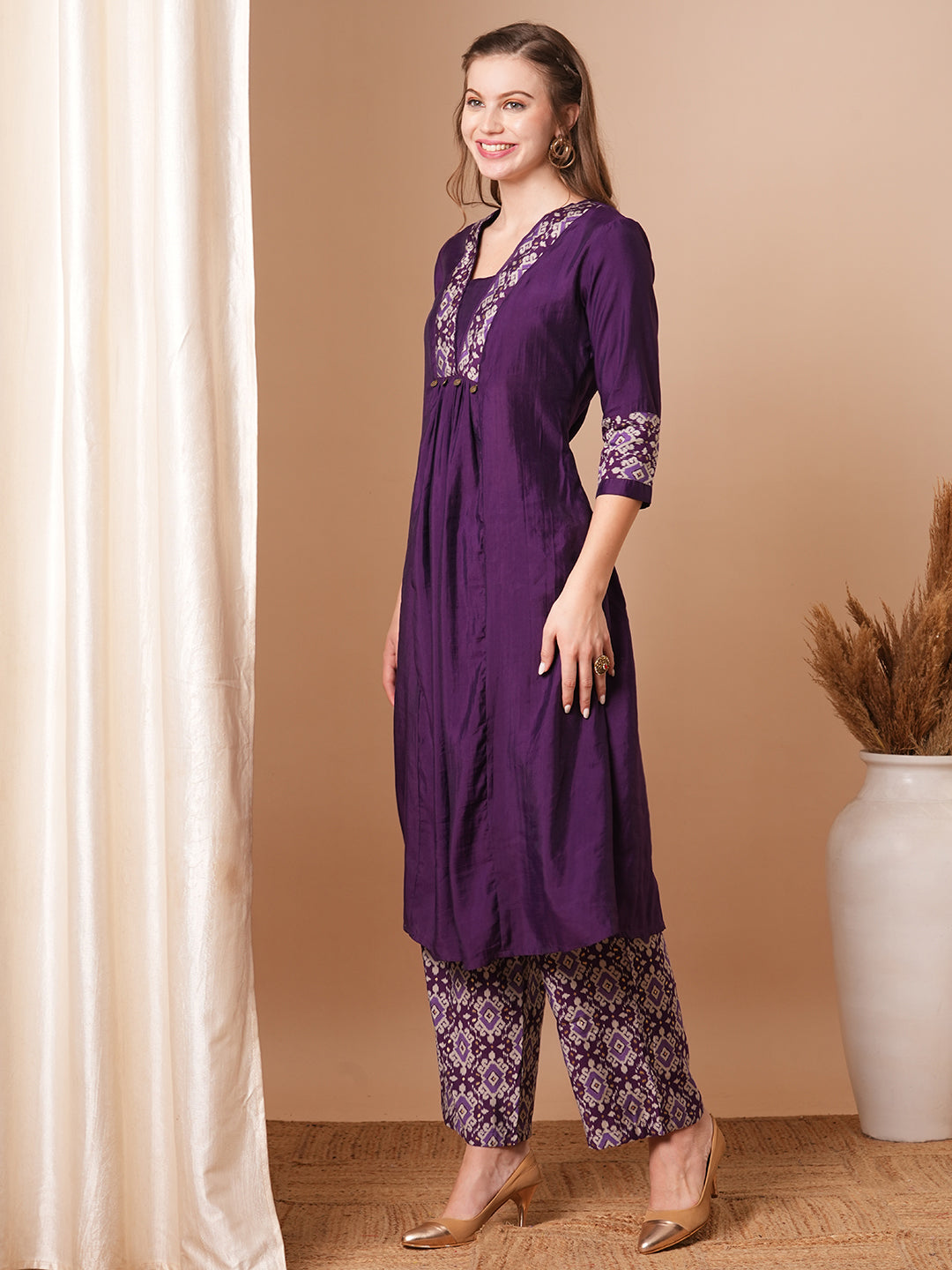 Solid Ethnic Printed A-Line Pleated Kurta with Palazzo - Purple