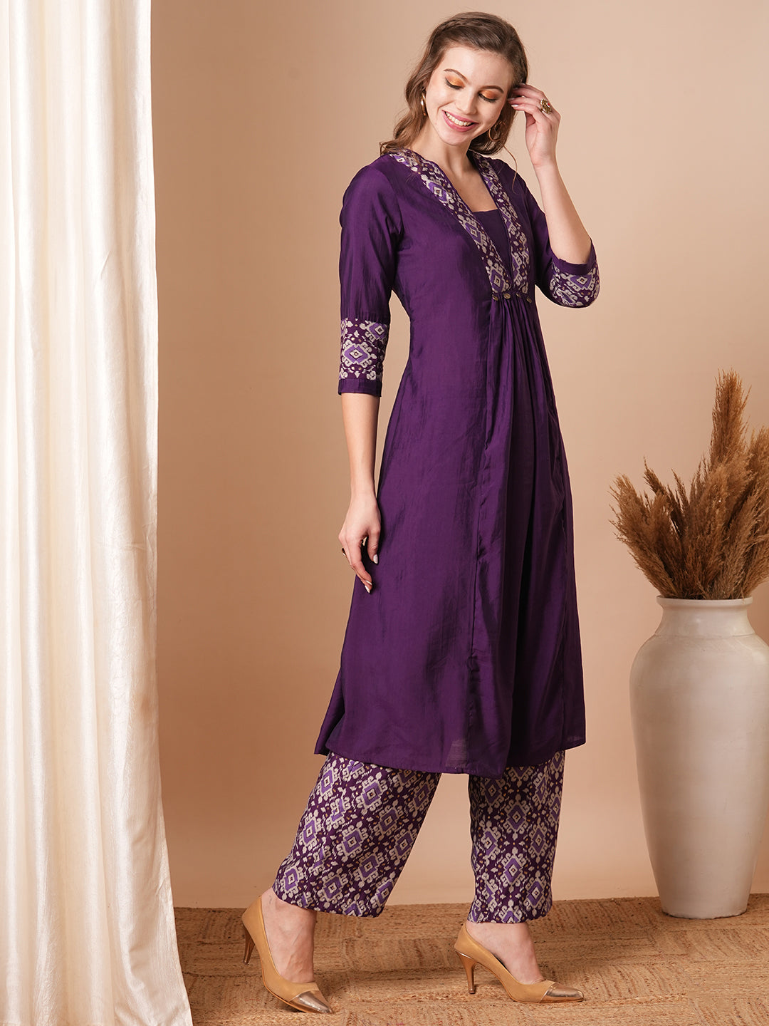 Solid Ethnic Printed A-Line Pleated Kurta with Palazzo - Purple