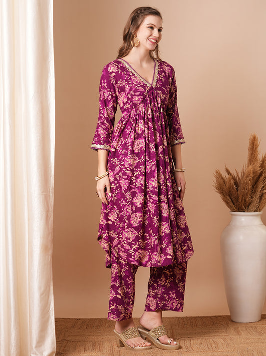 Ethnic Floral Printed A-Line Pleated Kurta with Palazzo - Purple