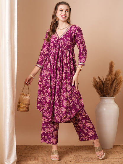 Ethnic Floral Printed A-Line Pleated Kurta with Palazzo - Purple