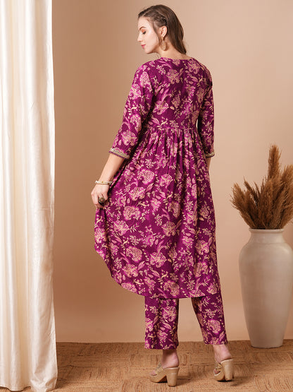 Ethnic Floral Printed A-Line Pleated Kurta with Palazzo - Purple