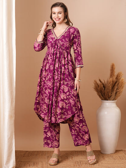 Ethnic Floral Printed A-Line Pleated Kurta with Palazzo - Purple