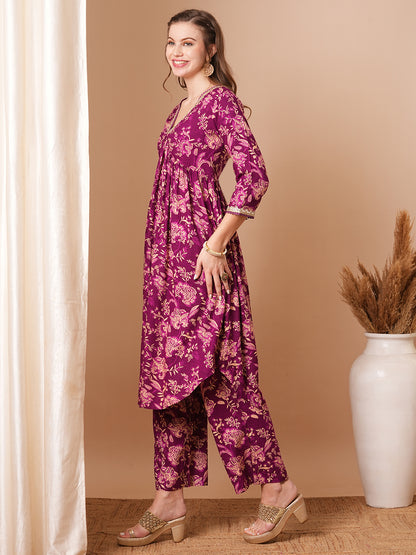 Ethnic Floral Printed A-Line Pleated Kurta with Palazzo - Purple