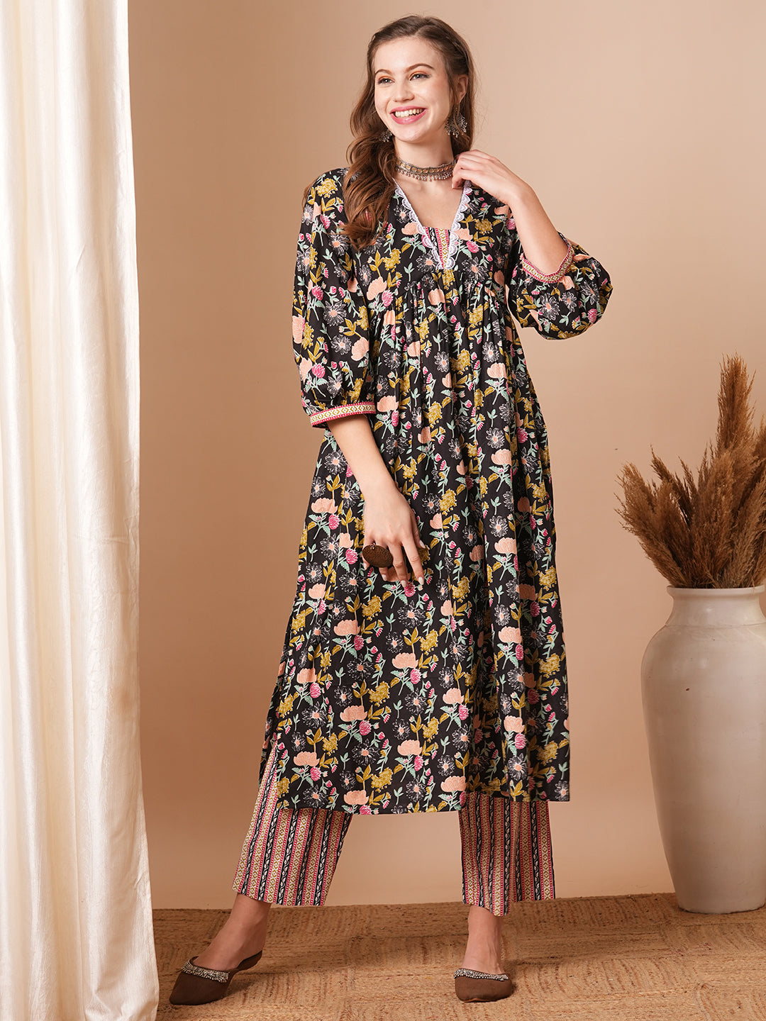 Ethnic Floral Printed A-Line Pleated Kurta with Palazzo - Black