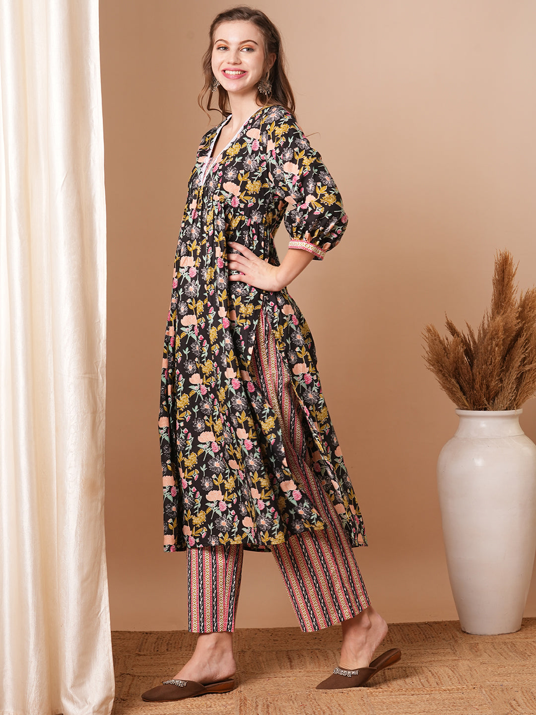 Ethnic Floral Printed A-Line Pleated Kurta with Palazzo - Black