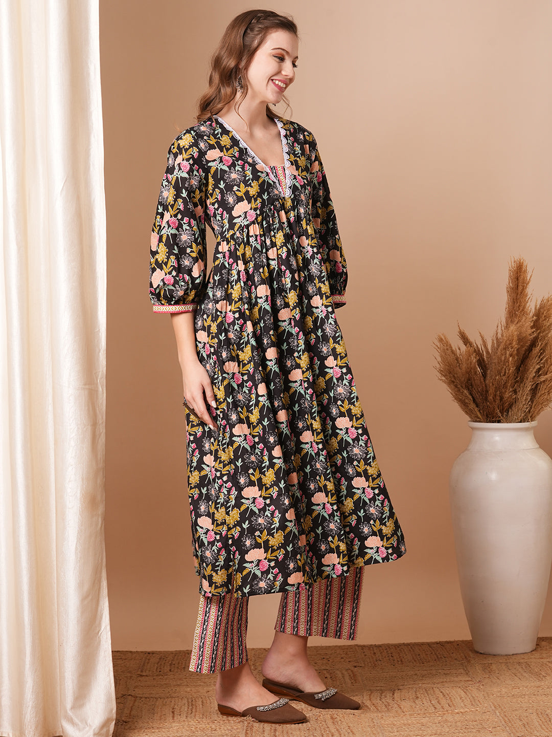 Ethnic Floral Printed A-Line Pleated Kurta with Palazzo - Black