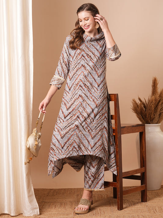 Ethnic Chevron Printed A-Line Kurta with Palazzo - Grey