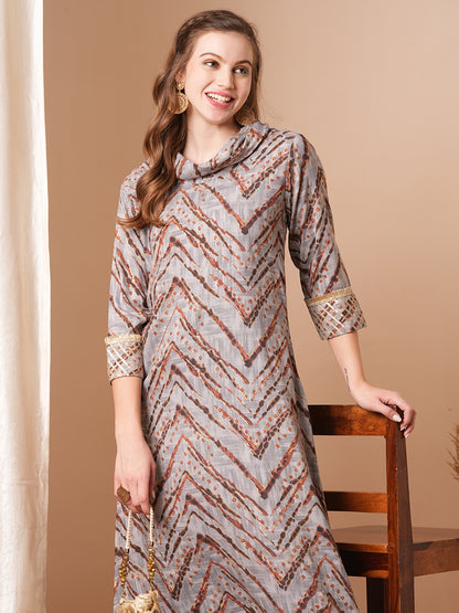 Ethnic Chevron Printed A-Line Kurta with Palazzo - Grey