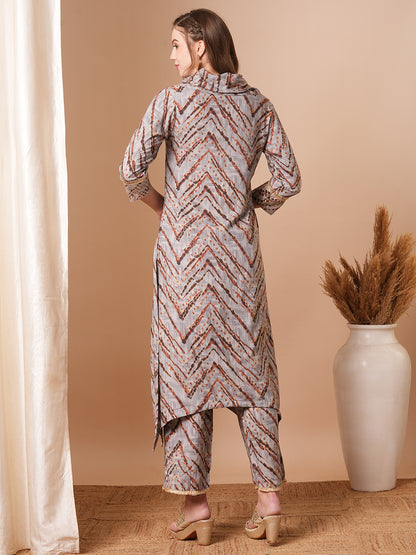 Ethnic Chevron Printed A-Line Kurta with Palazzo - Grey