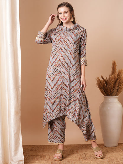 Ethnic Chevron Printed A-Line Kurta with Palazzo - Grey