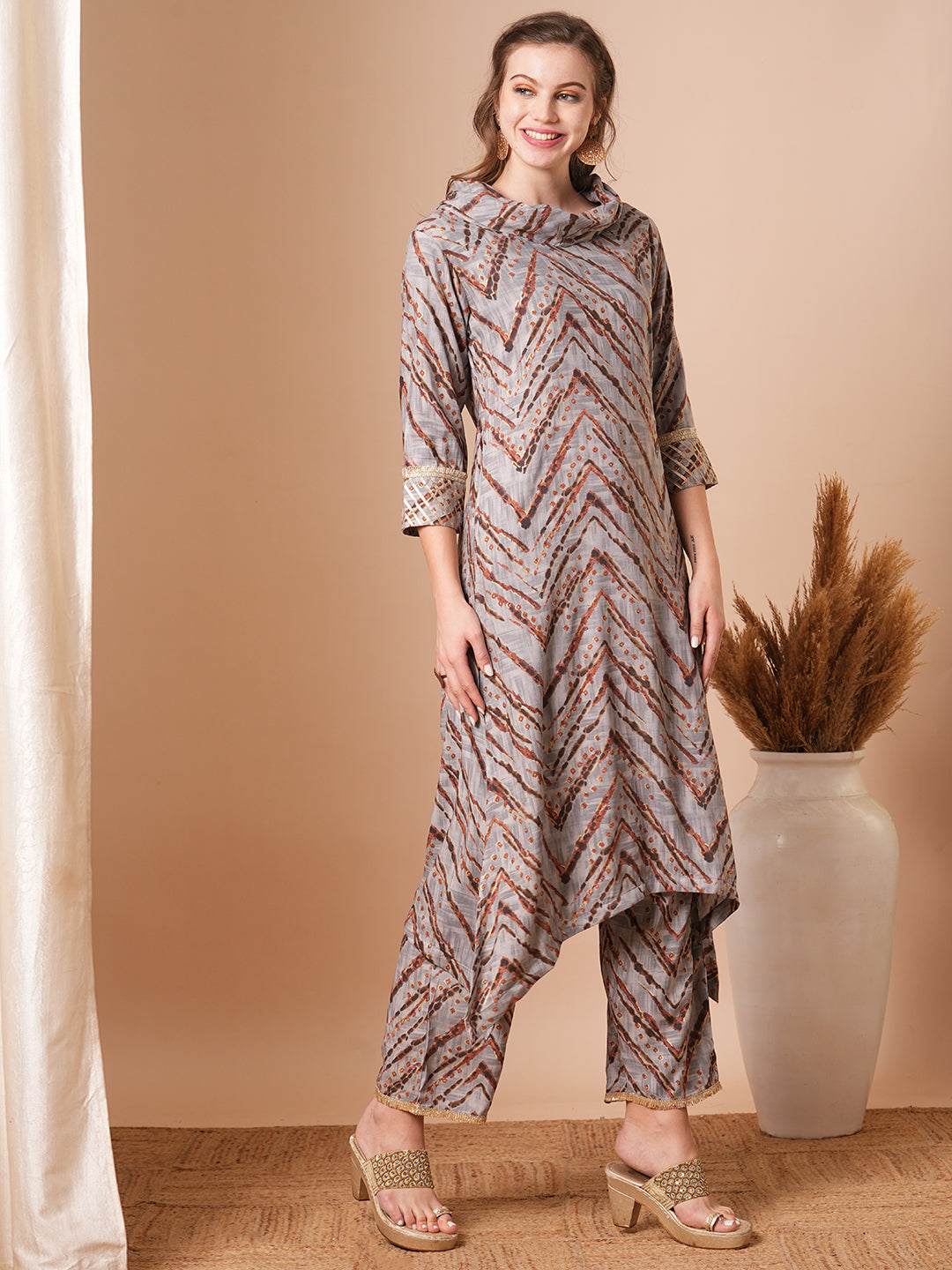 Ethnic Chevron Printed A-Line Kurta with Palazzo - Grey