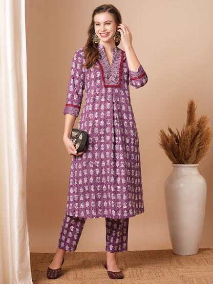 Ethnic Printed & Embroidered A-Line Kurta with Pant - Purple