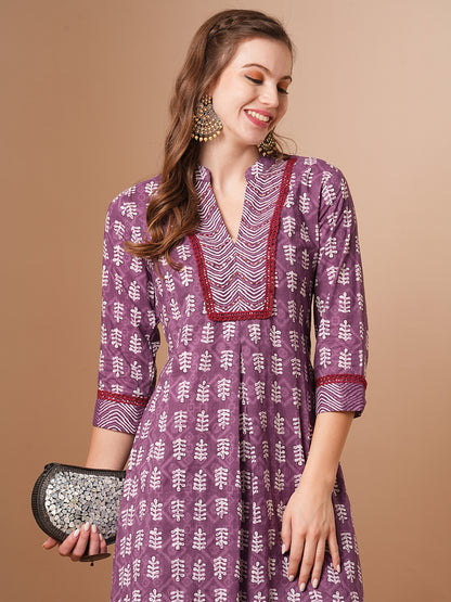 Ethnic Printed & Embroidered A-Line Kurta with Pant - Purple