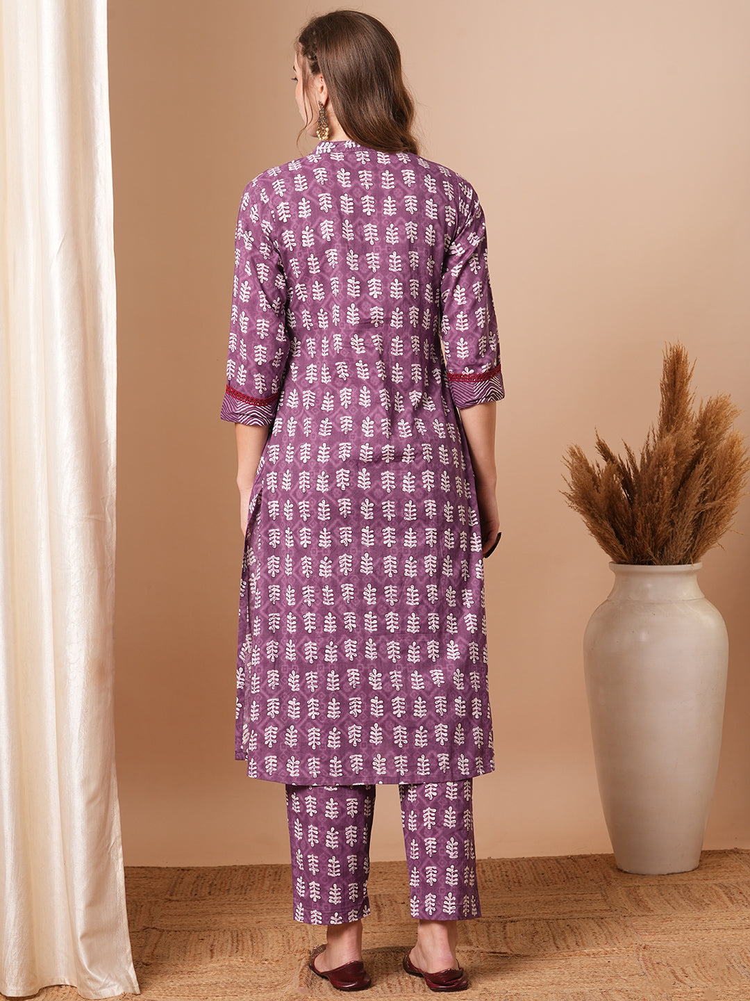 Ethnic Printed & Embroidered A-Line Kurta with Pant - Purple