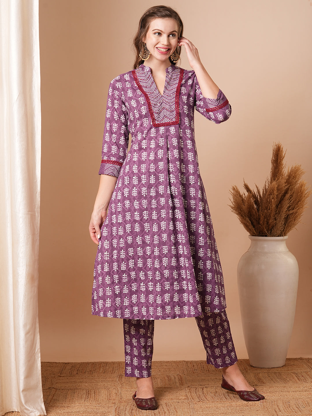 Ethnic Printed & Embroidered A-Line Kurta with Pant - Purple