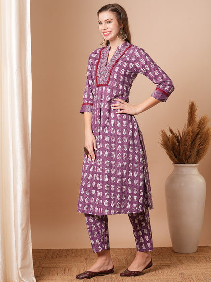 Ethnic Printed & Embroidered A-Line Kurta with Pant - Purple