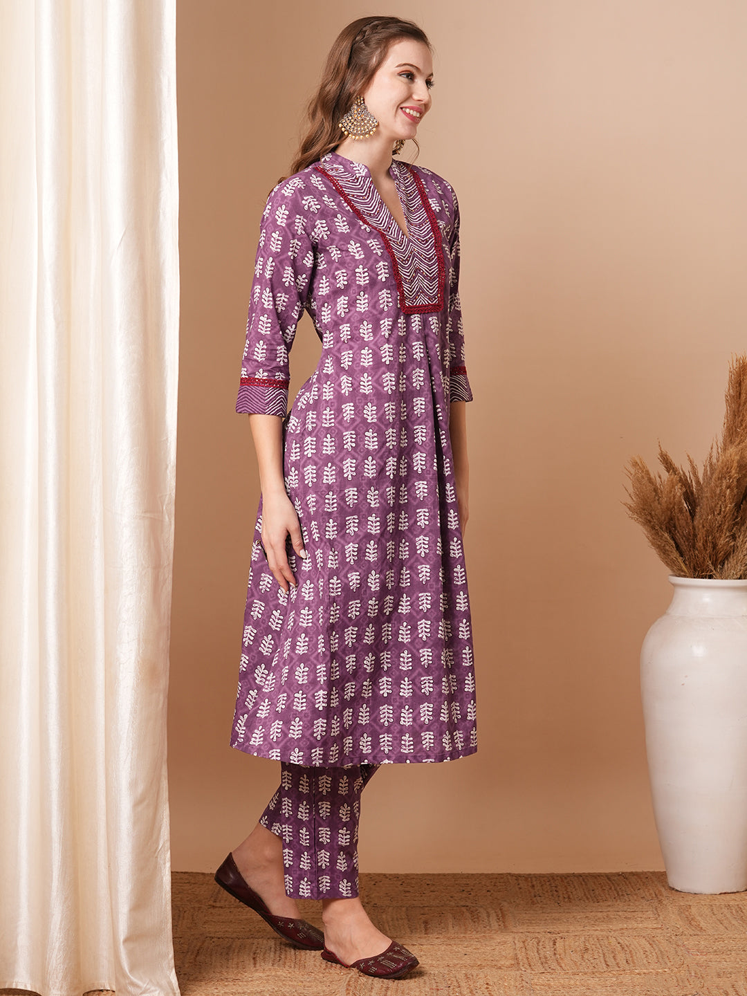 Ethnic Printed & Embroidered A-Line Kurta with Pant - Purple