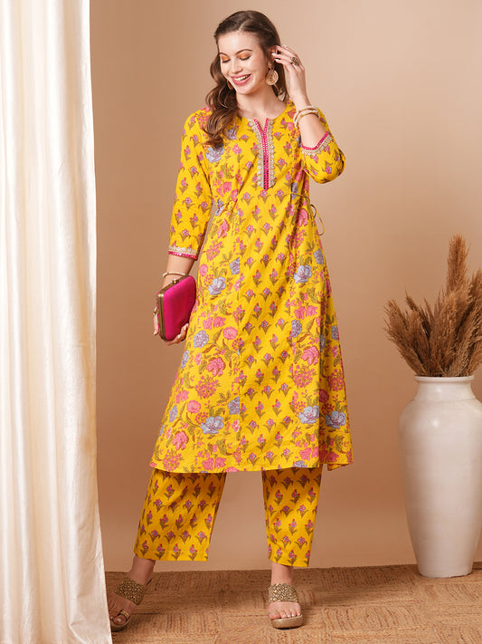 Ethnic Floral Printed & Embroidered A-Line Paneled Kurta with Pant - Yellow