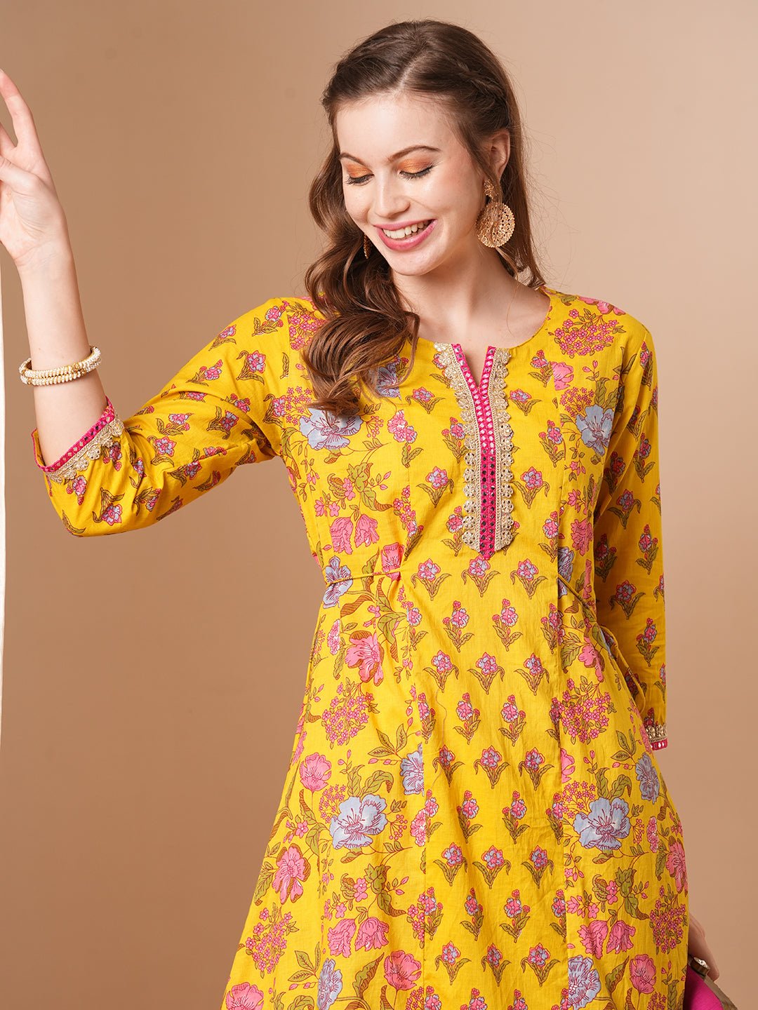 Ethnic Floral Printed & Embroidered A-Line Paneled Kurta with Pant - Yellow