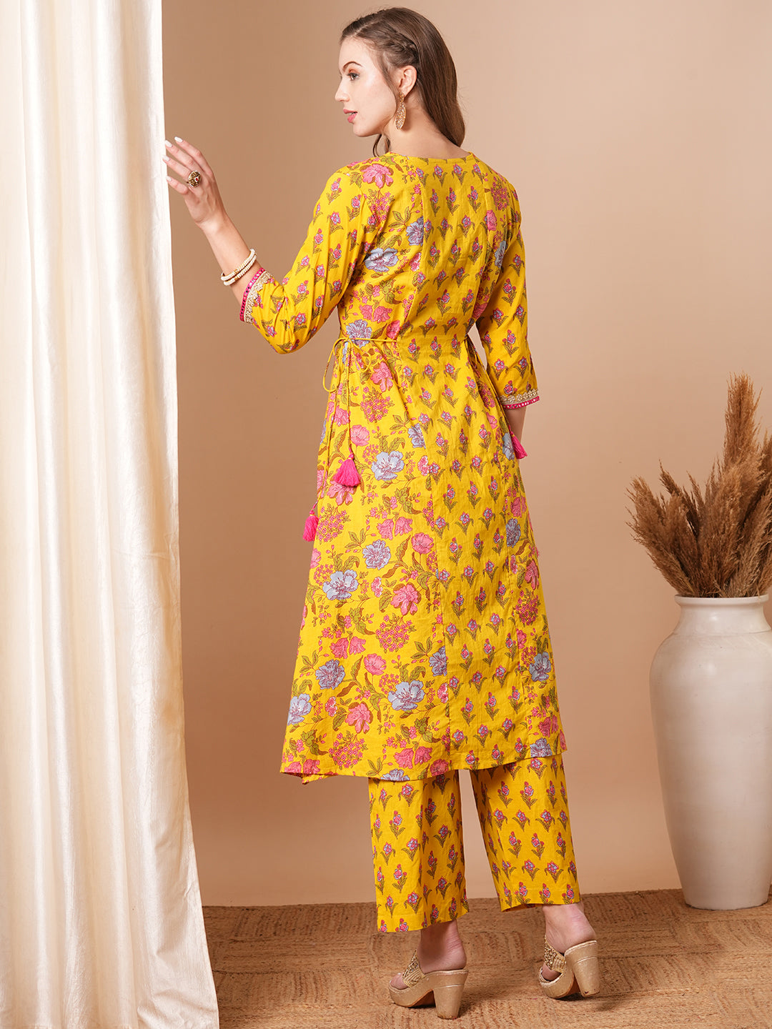 Ethnic Floral Printed & Embroidered A-Line Paneled Kurta with Pant - Yellow