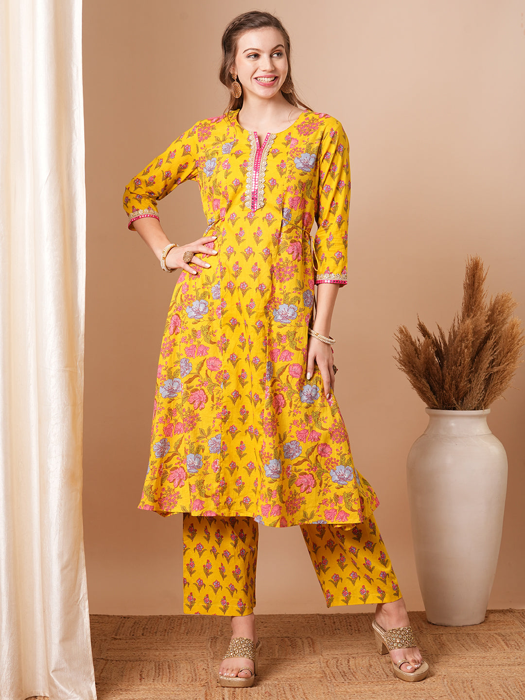 Ethnic Floral Printed & Embroidered A-Line Paneled Kurta with Pant - Yellow