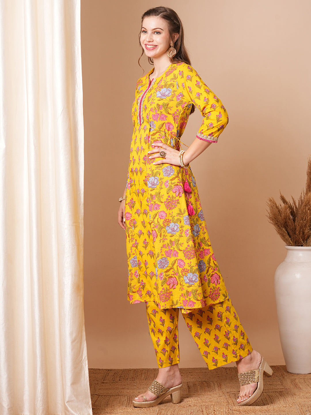 Ethnic Floral Printed & Embroidered A-Line Paneled Kurta with Pant - Yellow