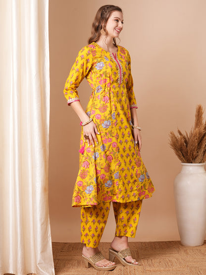 Ethnic Floral Printed & Embroidered A-Line Paneled Kurta with Pant - Yellow