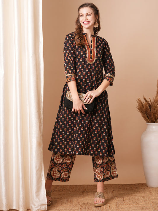 Ethnic Floral Printed A-Line Kurta with Palazzo - Black