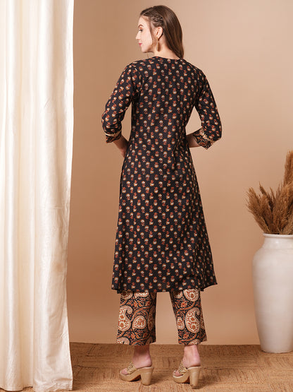 Ethnic Floral Printed A-Line Kurta with Palazzo - Black