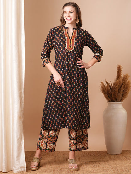 Ethnic Floral Printed A-Line Kurta with Palazzo - Black