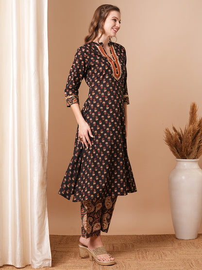 Ethnic Floral Printed A-Line Kurta with Palazzo - Black