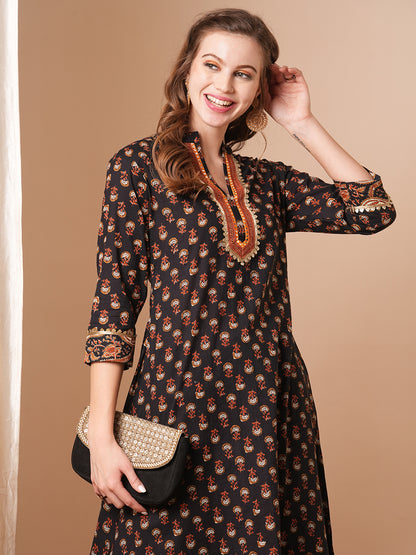 Ethnic Floral Printed A-Line Kurta with Palazzo - Black