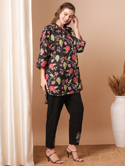 Floral Printed Kaftan Kurta with Embroidered Pant - Black