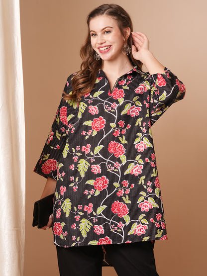 Floral Printed Kaftan Kurta with Embroidered Pant - Black