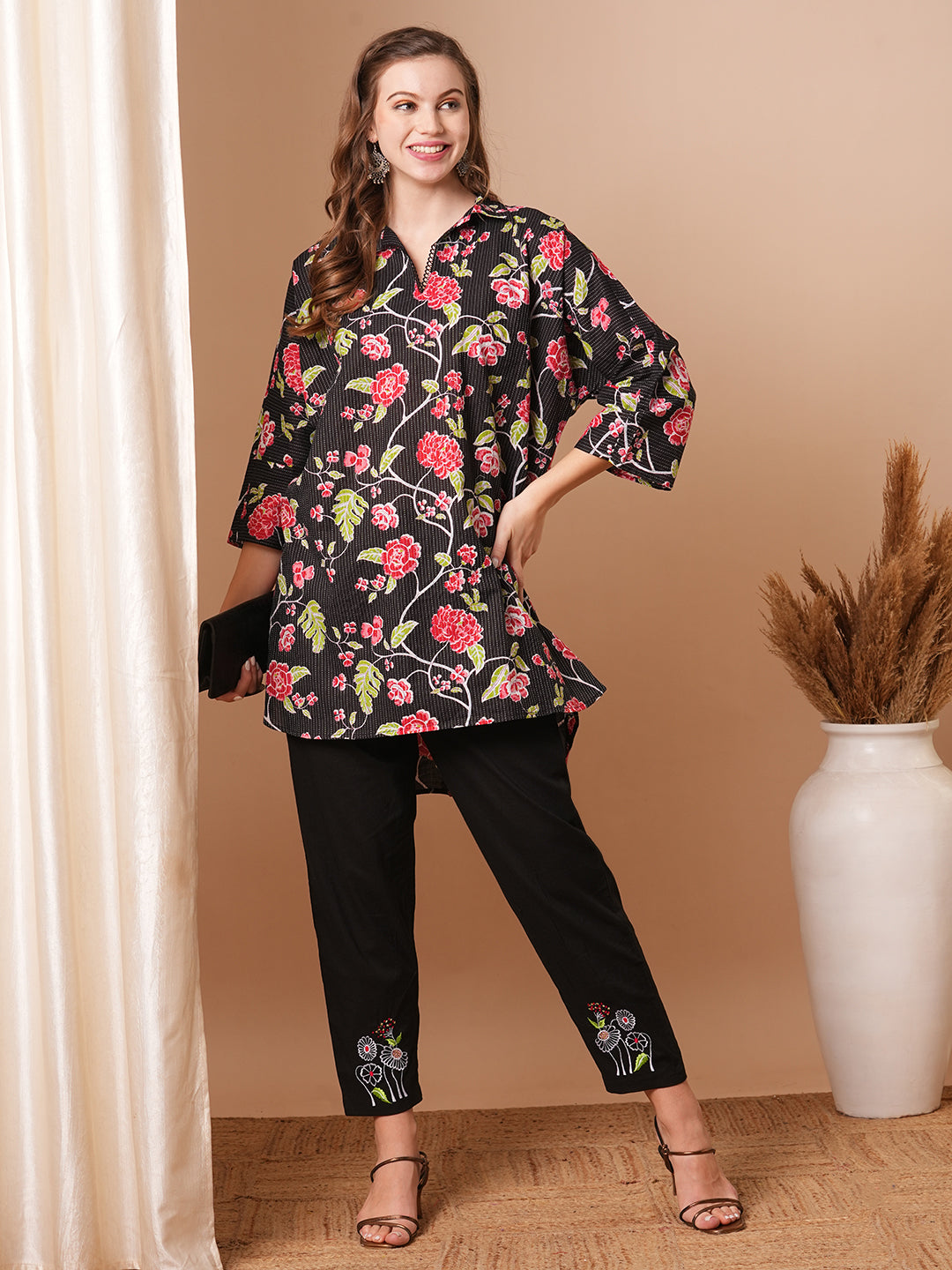 Floral Printed Kaftan Kurta with Embroidered Pant - Black