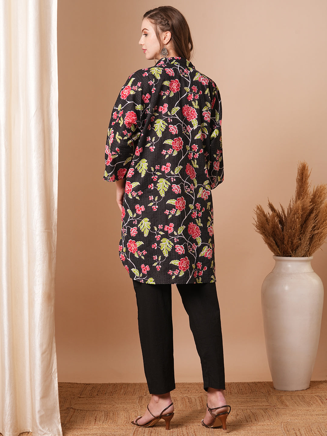 Floral Printed Kaftan Kurta with Embroidered Pant - Black