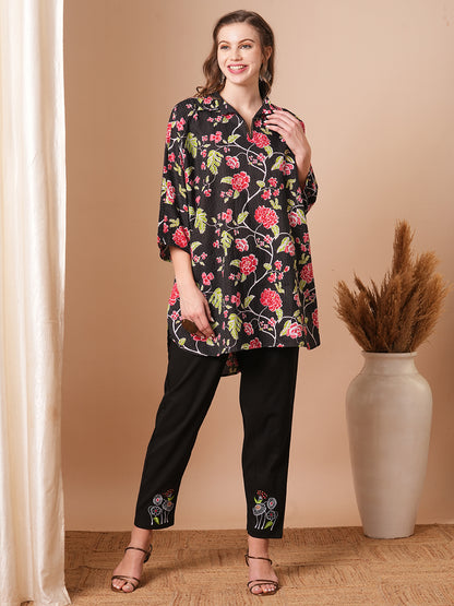 Floral Printed Kaftan Kurta with Embroidered Pant - Black