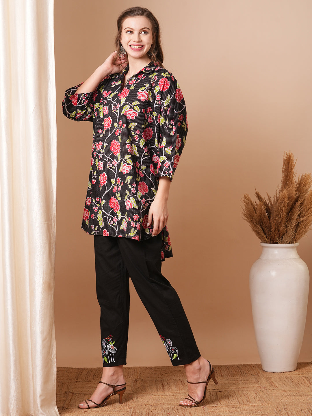 Floral Printed Kaftan Kurta with Embroidered Pant - Black